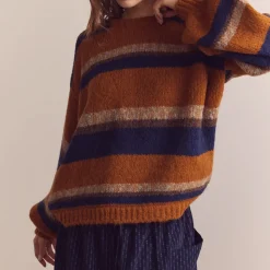 Amente - Pull Crew Neck Rayé - Ambre/Bleu
