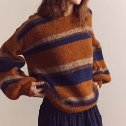 Amente - Pull Crew Neck Rayé - Ambre/Bleu