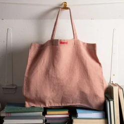 Cabas en lin lavé Merci - Rose Argile