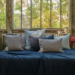 Coussin épais en lin - Rayures Bleu Encre