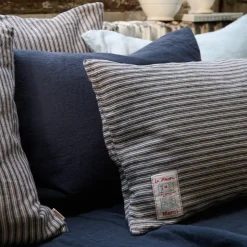 Coussin épais en lin - Rayures Bleu Encre