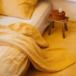 Drap plat en lin lavé - Carreaux Jaune Asahi