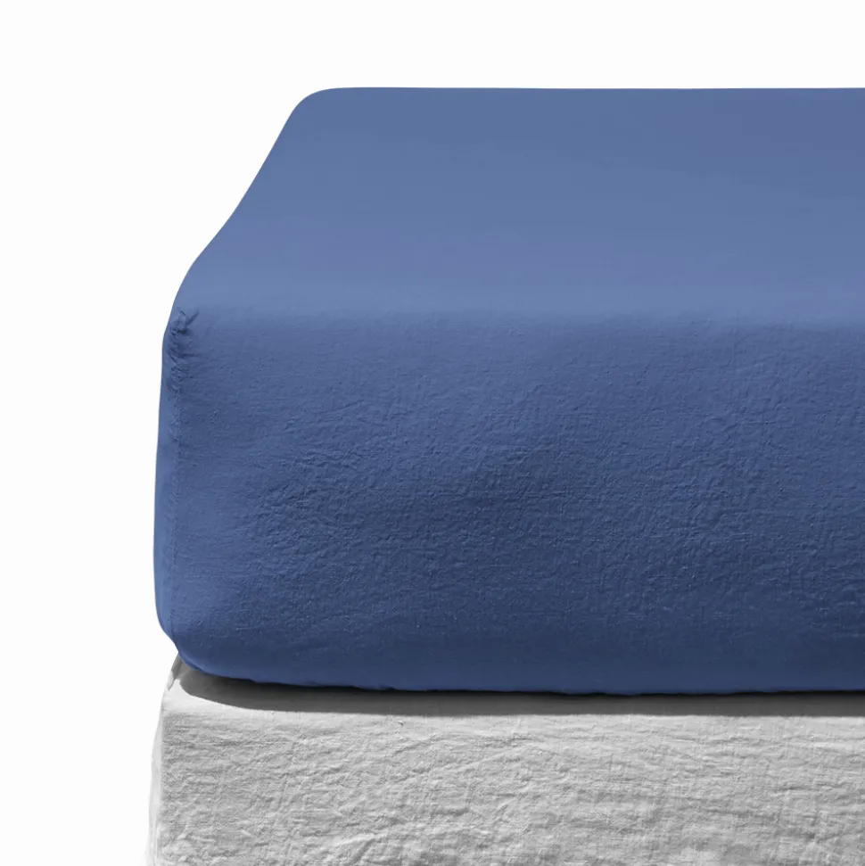 Drap-housse en lin lavé - Bleu Paros