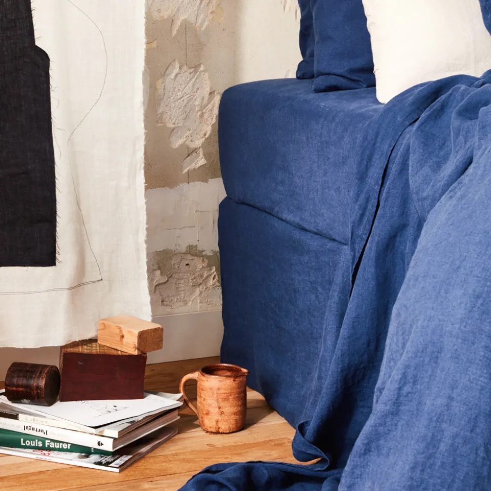 Drap-housse en lin lavé - Bleu Shibori