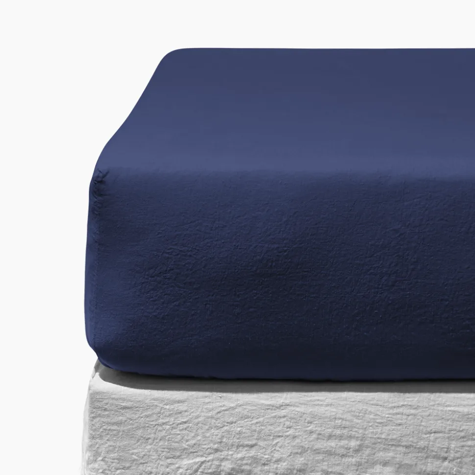 Drap-housse en lin lavé - Bleu Shibori