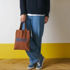 Merci - Tote Bag en coton - Marron & Marine