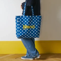 Merci - Tote Bag en coton à Pois - Bleu & Jaune