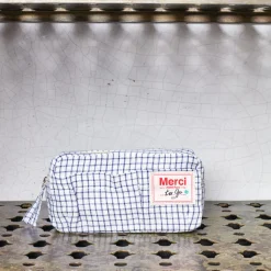 Merci - Trousse en lin lavé - Carreaux Bleu Shibori