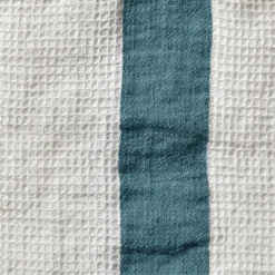 Serviette de bain en lin - Nid d'abeille - Bande Bleu Pétrole