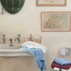Serviette de bain en lin - Nid d'abeille - Bande Bleu Tyrrhénien