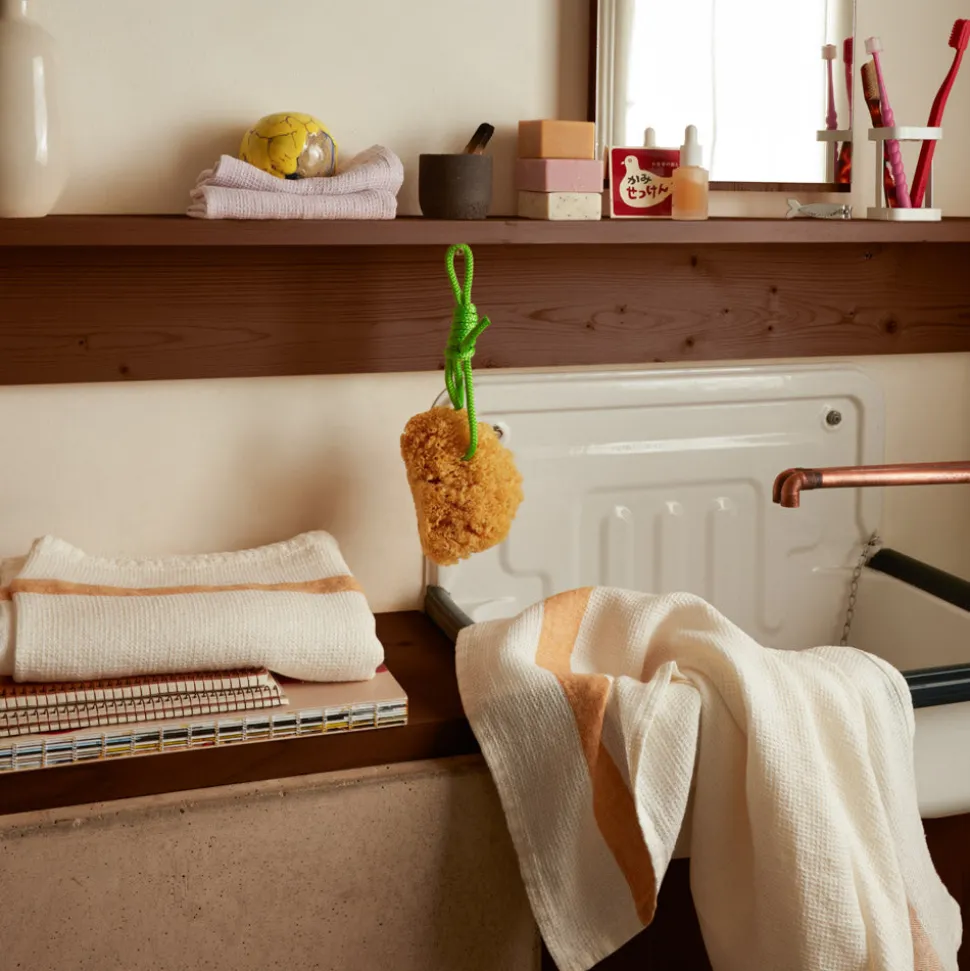 Serviette de bain en lin - Nid d'abeille - Bande Jaune Asahi