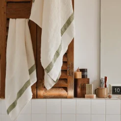 Serviette de bain en lin - Nid d'abeille - Bande Vert Komorebi