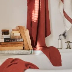 Serviette de bain en lin - Nid d'abeille - Rouge Urushi