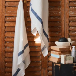 Serviette de bain en lin - Nid d'abeille - Bande Bleu Shibori