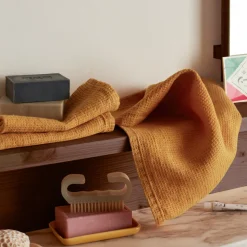 Serviette de bain invité en lin - Nid d'abeille - Jaune Asahi