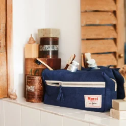 Trousse de toilette en lin lavé - Bleu Shibori