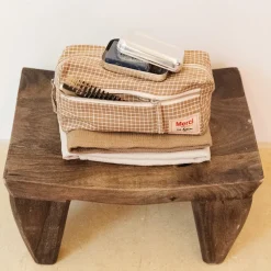Trousse de toilette en lin lavé - Carreaux Brun Cha Iro