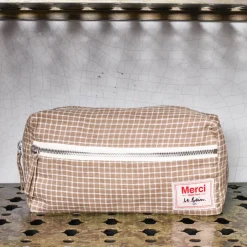 Trousse de toilette en lin lavé - Carreaux Brun Cha Iro
