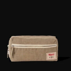 Trousse de toilette en lin lavé - Carreaux Brun Cha Iro