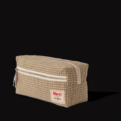 Trousse de toilette en lin lavé - Carreaux Brun Cha Iro