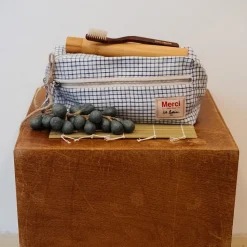 Trousse de toilette en lin lavé - Carreaux Bleu Shibori